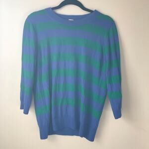 J crew xl 3/4 sleeve merino wool blue green striped pullover crewneck sweater
